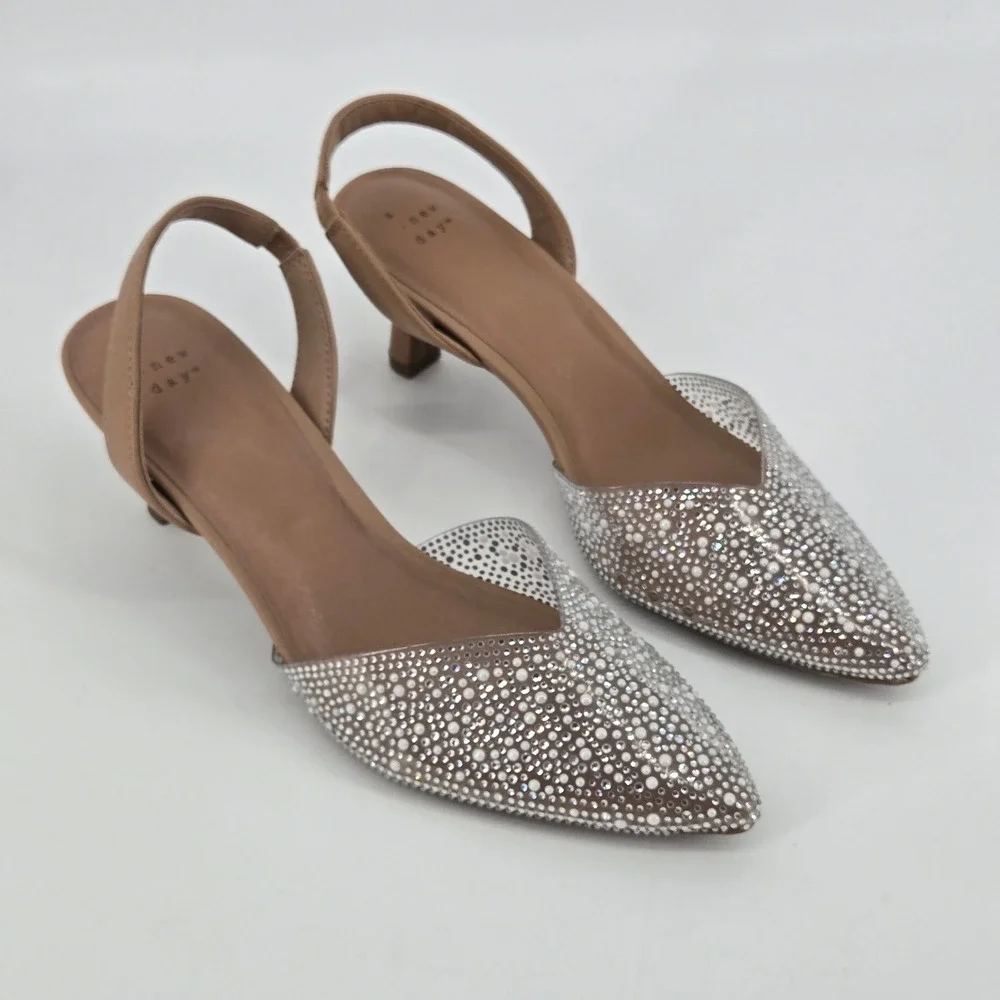 A New Day Rhinestone Mesh Slingback Kitten Heels Nude Neutral Wedding Prom 11